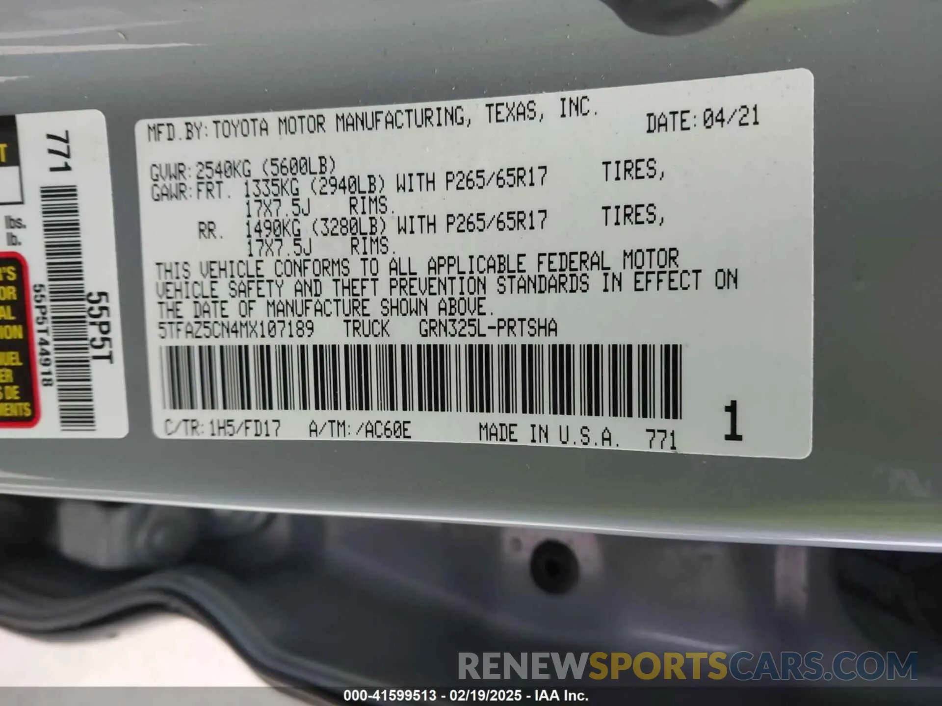 9 fotografías del automóvil dañado 5TFAZ5CN4MX107189 TOYOTA TACOMA 2021