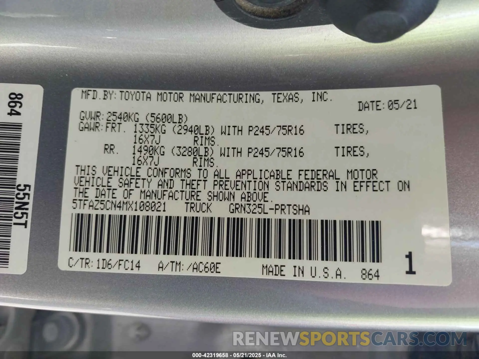 9 fotografías del automóvil dañado 5TFAZ5CN4MX108021 TOYOTA TACOMA 2021