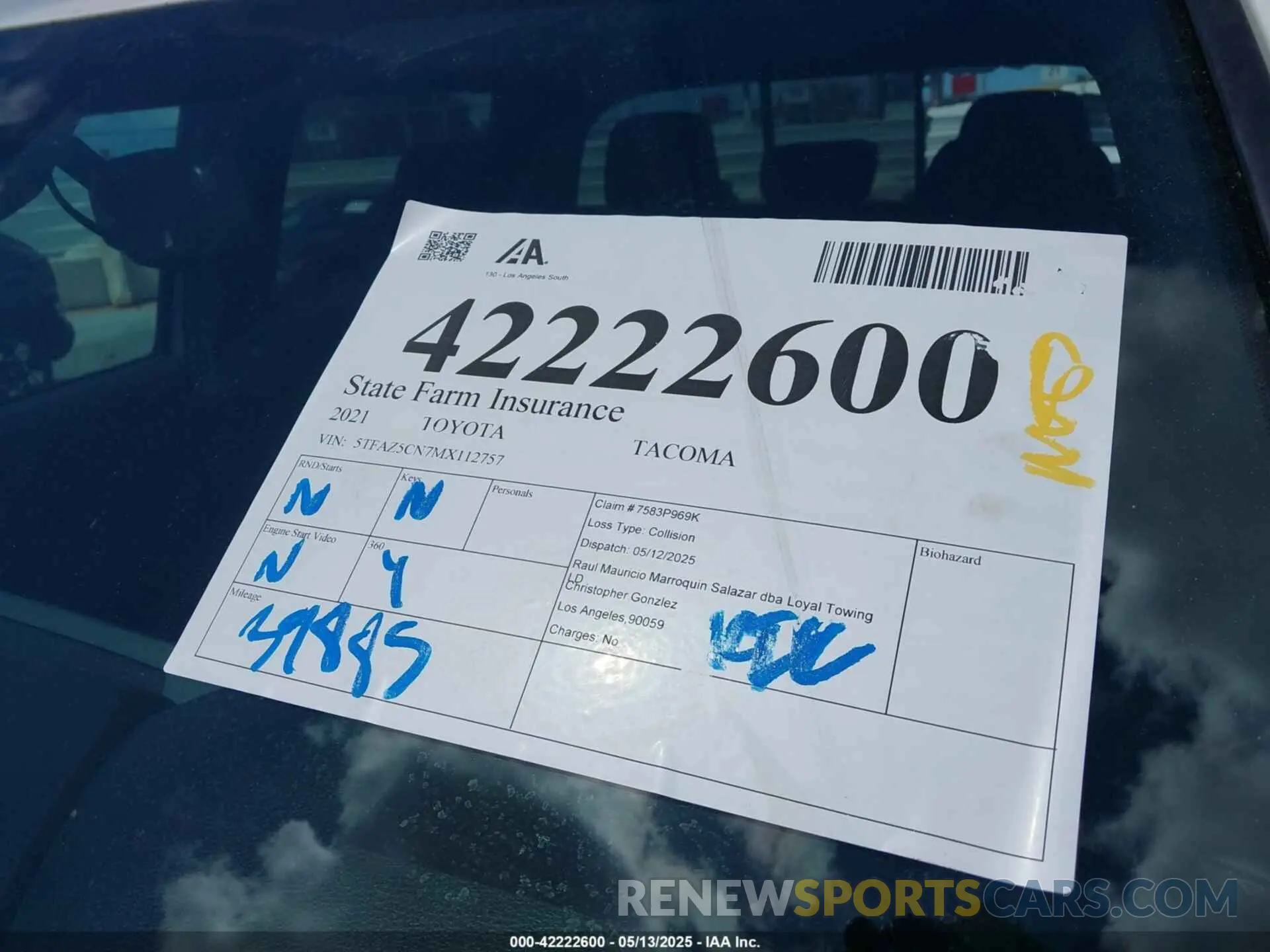 16 fotografías del automóvil dañado 5TFAZ5CN7MX112757 TOYOTA TACOMA 2021