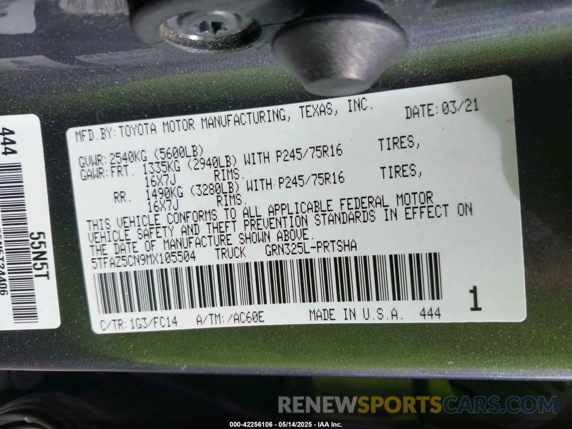 9 fotografías del automóvil dañado 5TFAZ5CN9MX105504 TOYOTA TACOMA 2021
