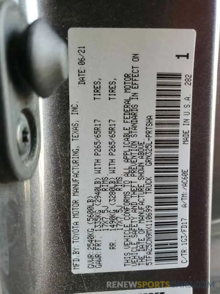 12 fotografías del automóvil dañado 5TFAZ5CN9MX110699 TOYOTA TACOMA 2021