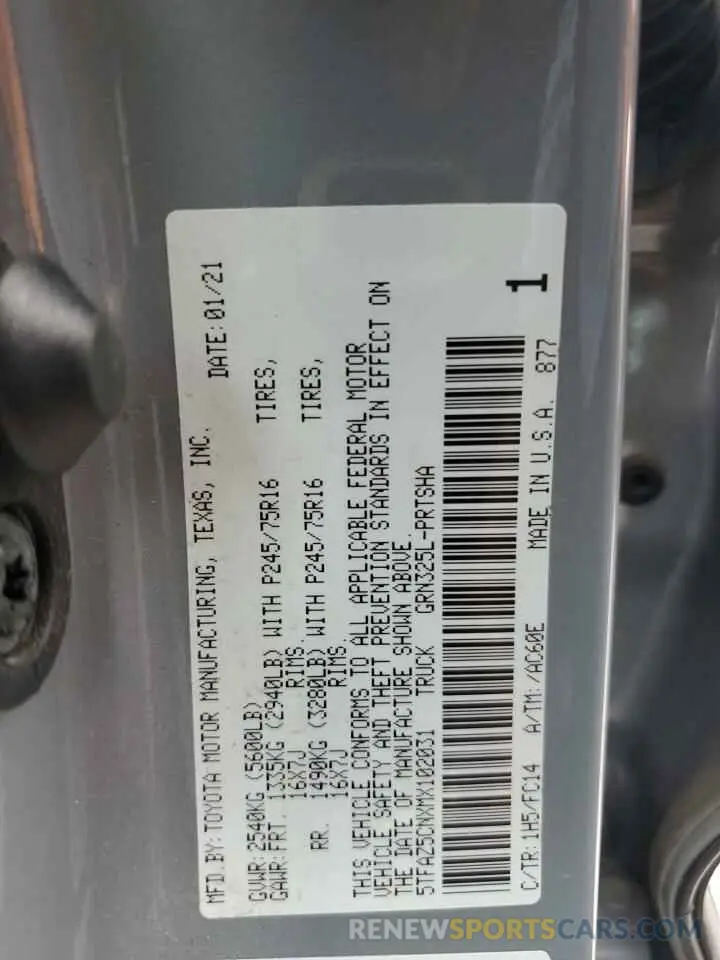 13 fotografías del automóvil dañado 5TFAZ5CNXMX102031 TOYOTA TACOMA 2021