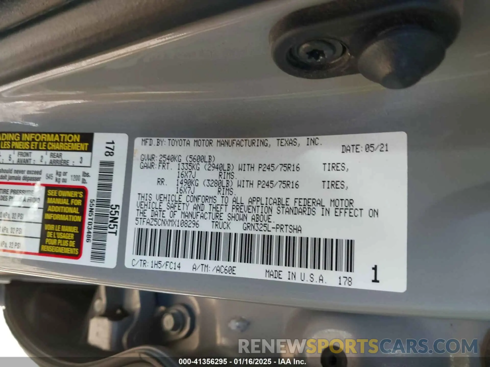 9 fotografías del automóvil dañado 5TFAZ5CNXMX108296 TOYOTA TACOMA 2021