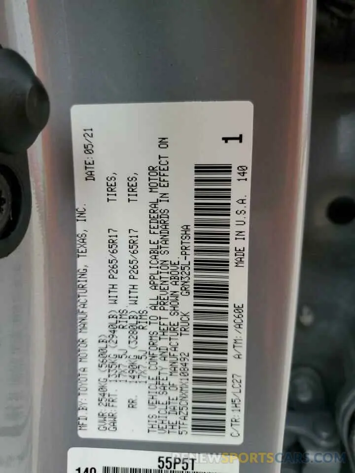 13 fotografías del automóvil dañado 5TFAZ5CNXMX108492 TOYOTA TACOMA 2021