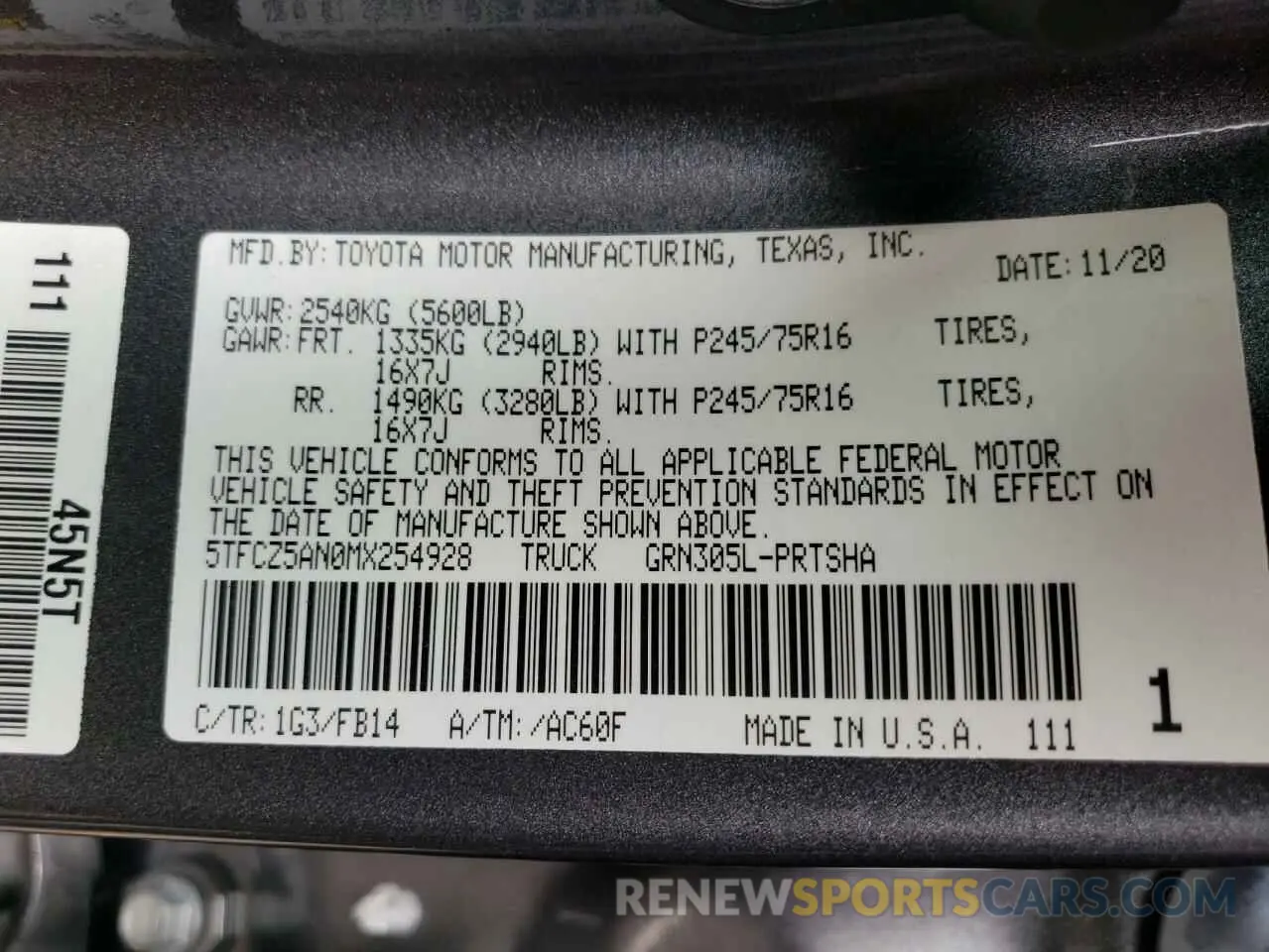10 fotografías del automóvil dañado 5TFCZ5AN0MX254928 TOYOTA TACOMA 2021