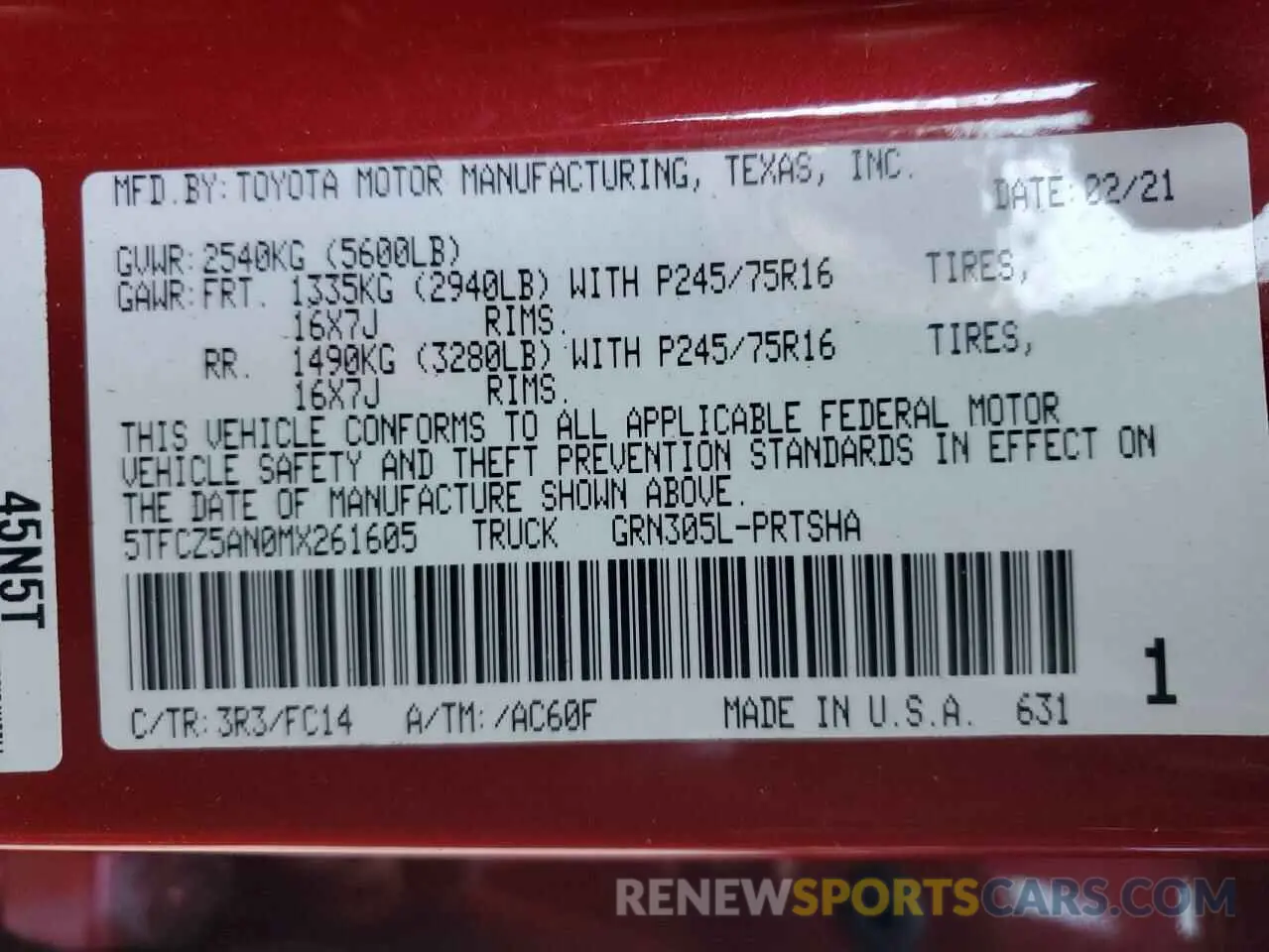 12 fotografías del automóvil dañado 5TFCZ5AN0MX261605 TOYOTA TACOMA 2021