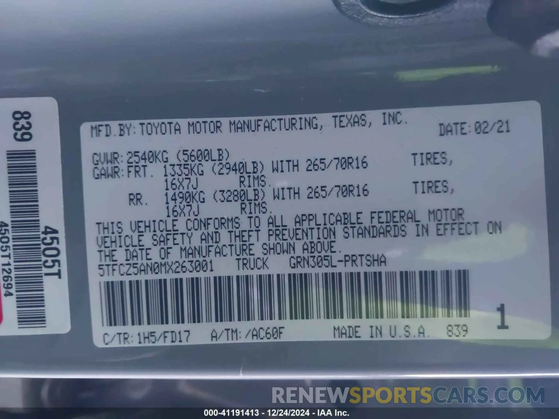 9 fotografías del automóvil dañado 5TFCZ5AN0MX263001 TOYOTA TACOMA 2021