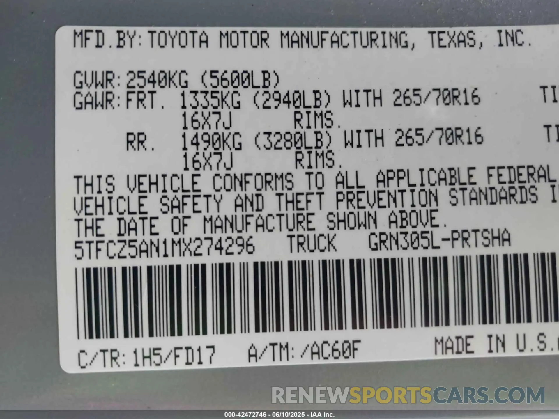 9 fotografías del automóvil dañado 5TFCZ5AN1MX274296 TOYOTA TACOMA 2021