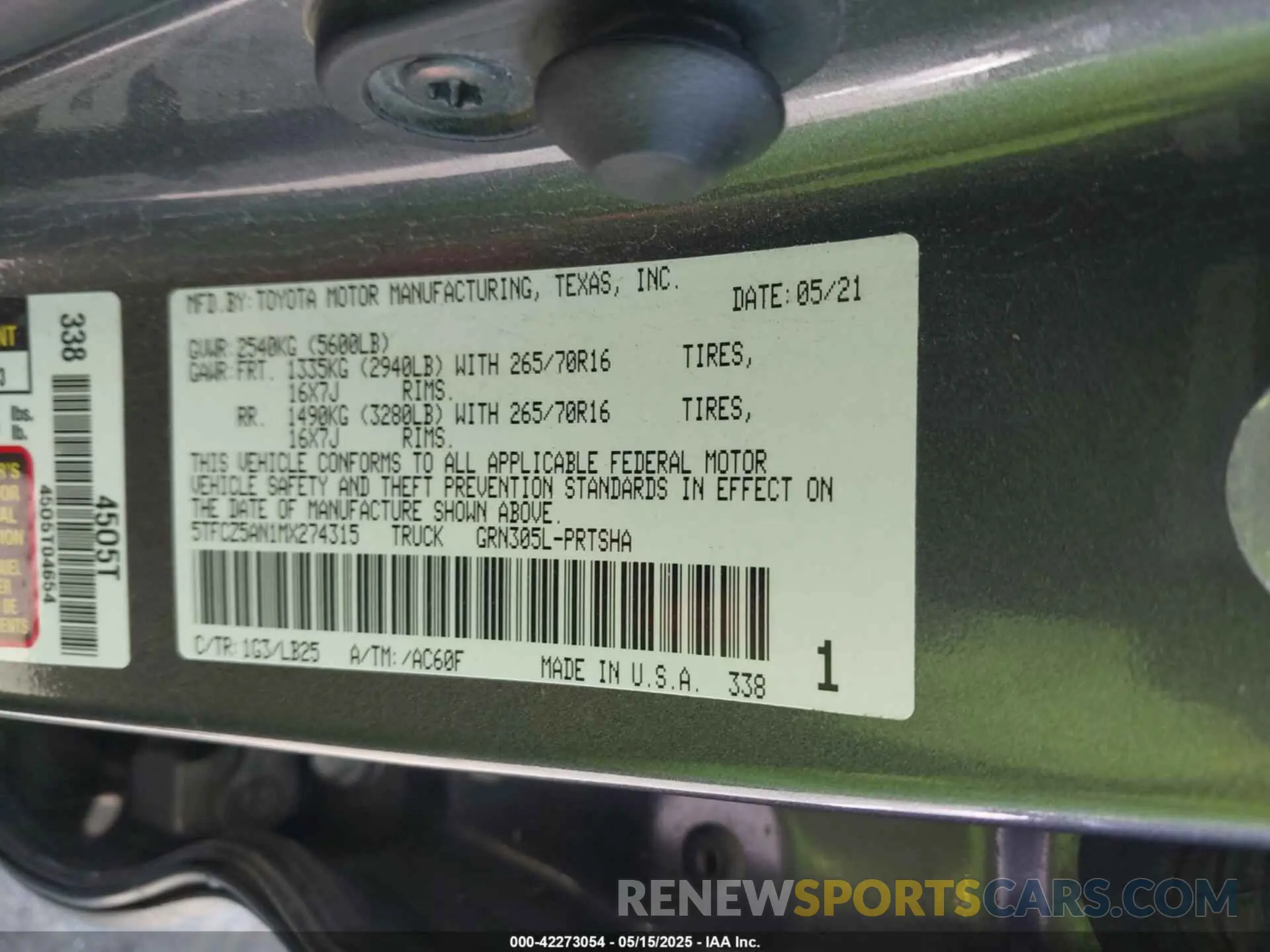9 fotografías del automóvil dañado 5TFCZ5AN1MX274315 TOYOTA TACOMA 2021