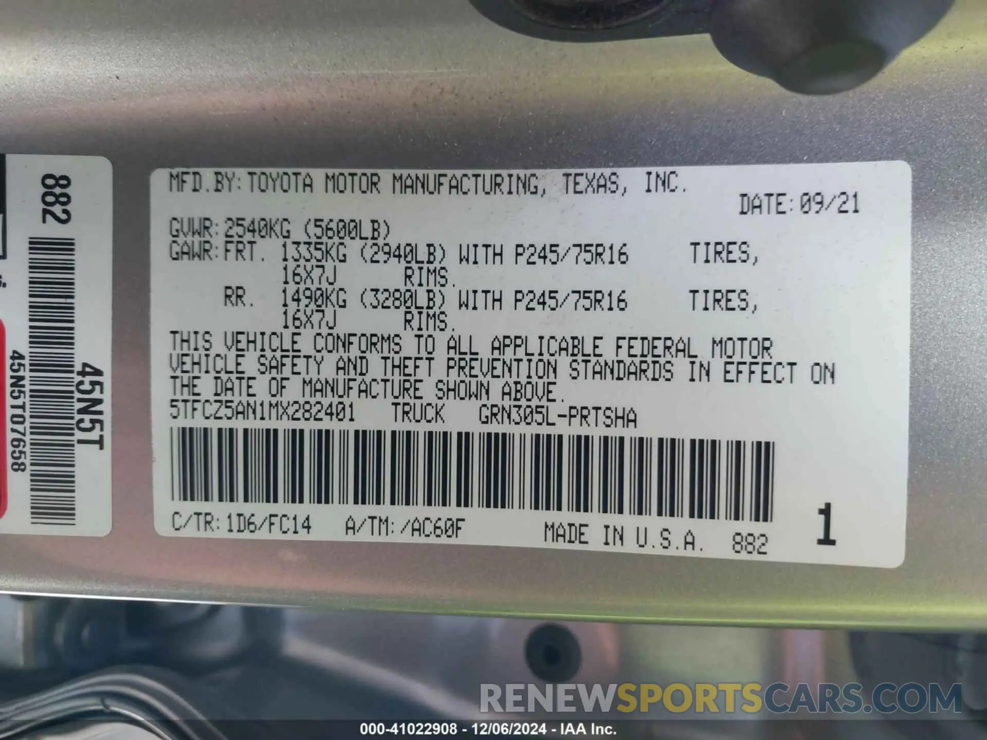 9 fotografías del automóvil dañado 5TFCZ5AN1MX282401 TOYOTA TACOMA 2021
