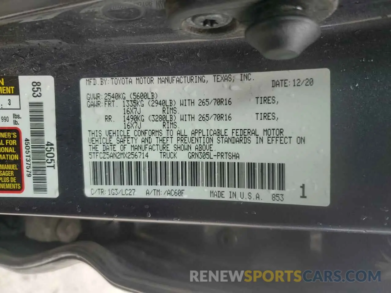 12 fotografías del automóvil dañado 5TFCZ5AN2MX256714 TOYOTA TACOMA 2021