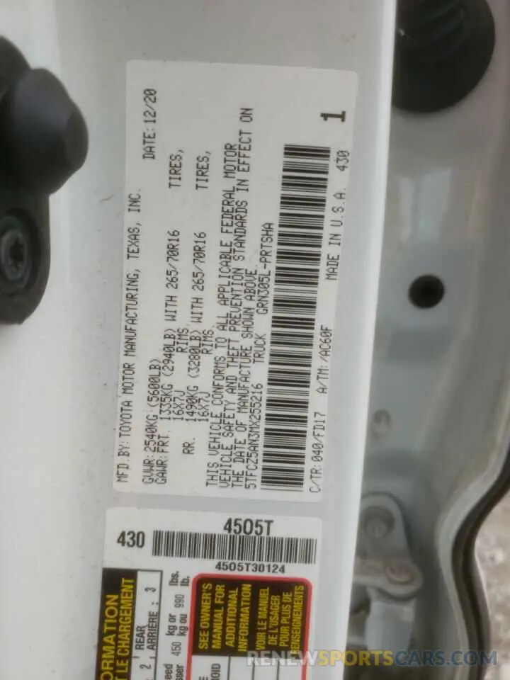 10 fotografías del automóvil dañado 5TFCZ5AN3MX255216 TOYOTA TACOMA 2021
