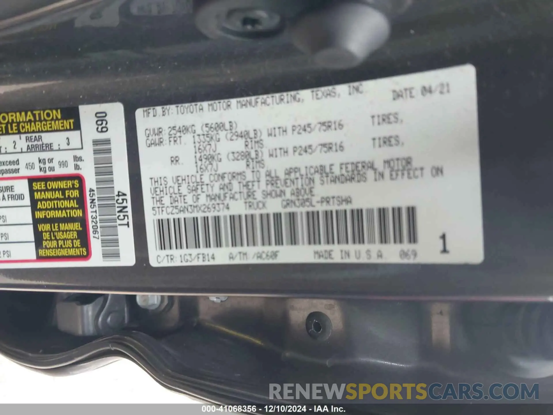 9 fotografías del automóvil dañado 5TFCZ5AN3MX269374 TOYOTA TACOMA 2021