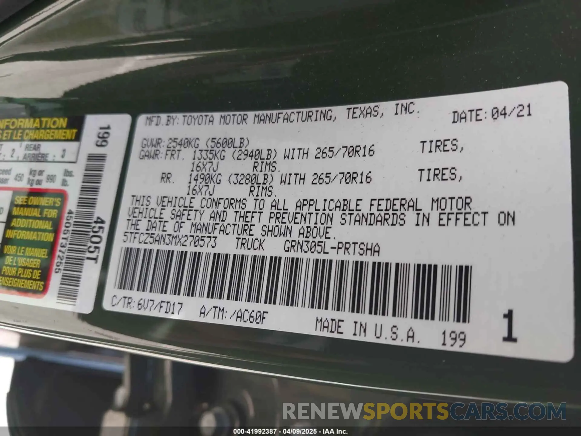 9 fotografías del automóvil dañado 5TFCZ5AN3MX270573 TOYOTA TACOMA 2021