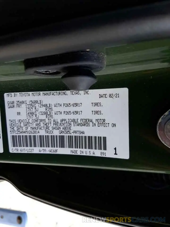 10 fotografías del automóvil dañado 5TFCZ5AN4MX262014 TOYOTA TACOMA 2021
