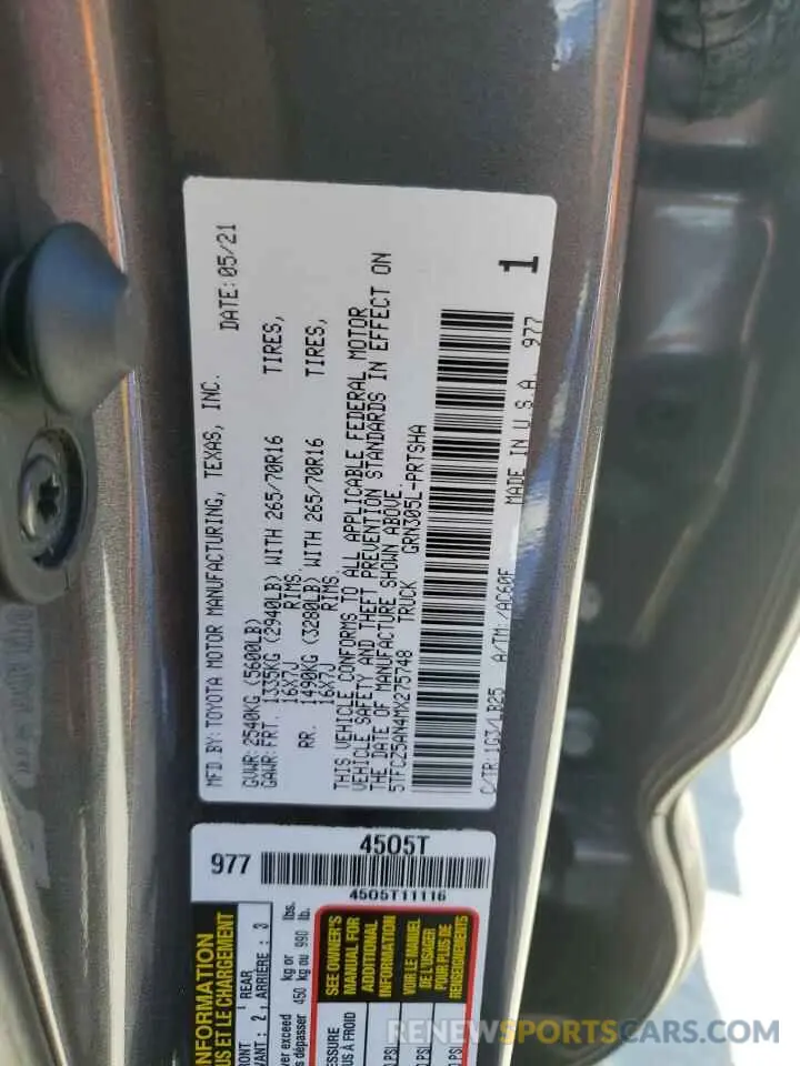 12 fotografías del automóvil dañado 5TFCZ5AN4MX275748 TOYOTA TACOMA 2021