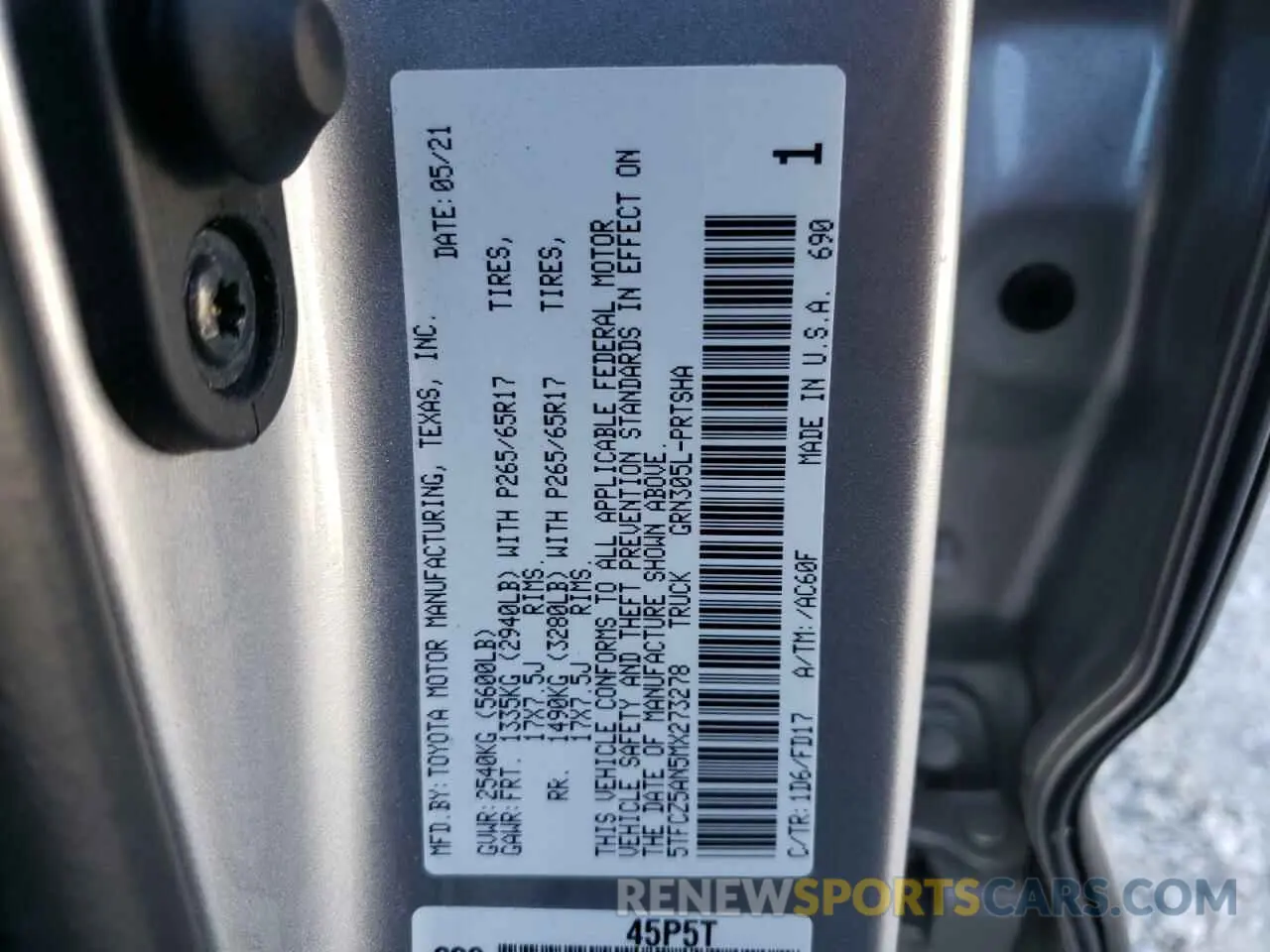 14 fotografías del automóvil dañado 5TFCZ5AN5MX273278 TOYOTA TACOMA 2021