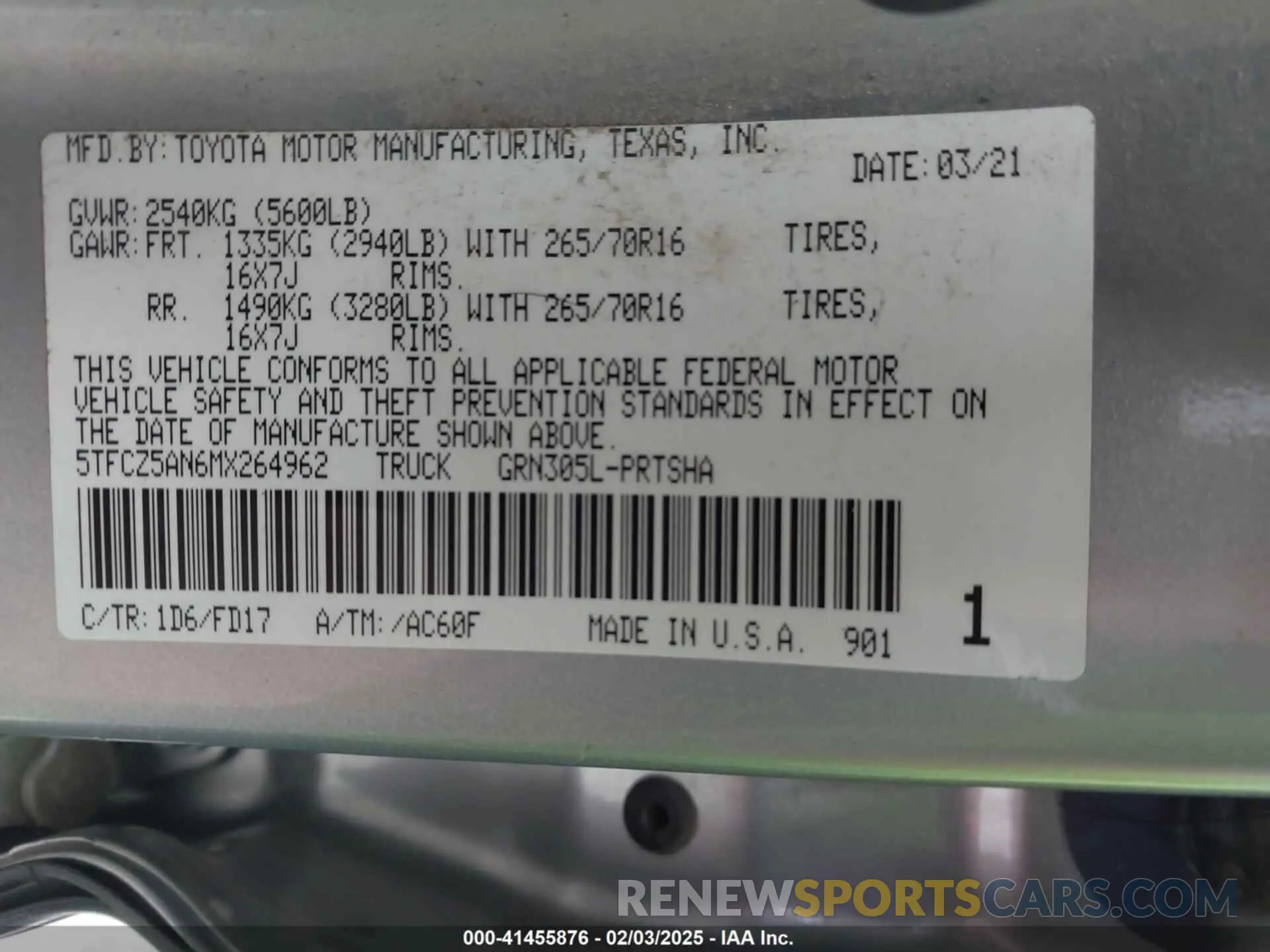 9 fotografías del automóvil dañado 5TFCZ5AN6MX264962 TOYOTA TACOMA 2021