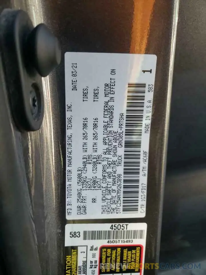 12 fotografías del automóvil dañado 5TFCZ5AN7MX263898 TOYOTA TACOMA 2021