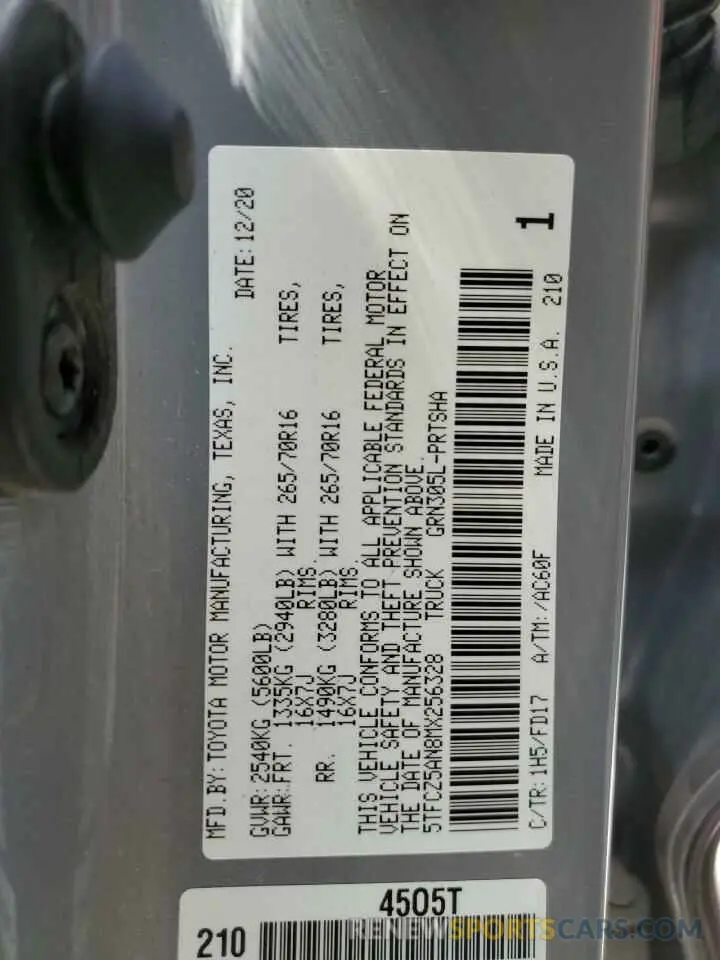 12 fotografías del automóvil dañado 5TFCZ5AN8MX256328 TOYOTA TACOMA 2021