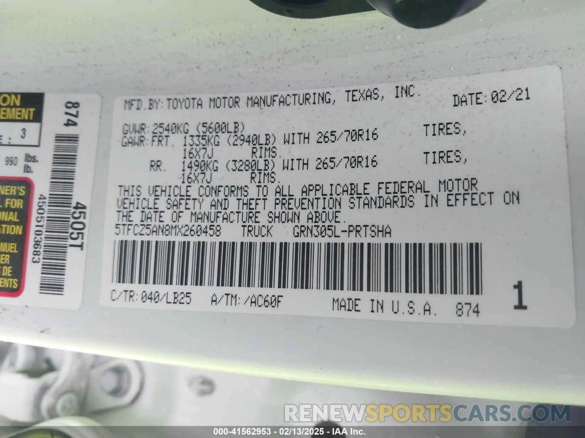 9 fotografías del automóvil dañado 5TFCZ5AN8MX260458 TOYOTA TACOMA 2021