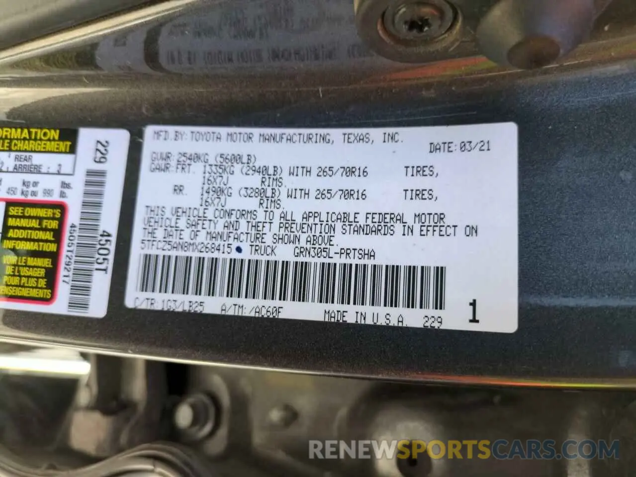 13 fotografías del automóvil dañado 5TFCZ5AN8MX268415 TOYOTA TACOMA 2021