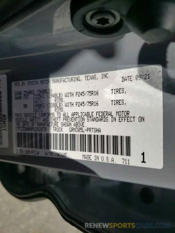 10 fotografías del automóvil dañado 5TFCZ5AN8MX282878 TOYOTA TACOMA 2021