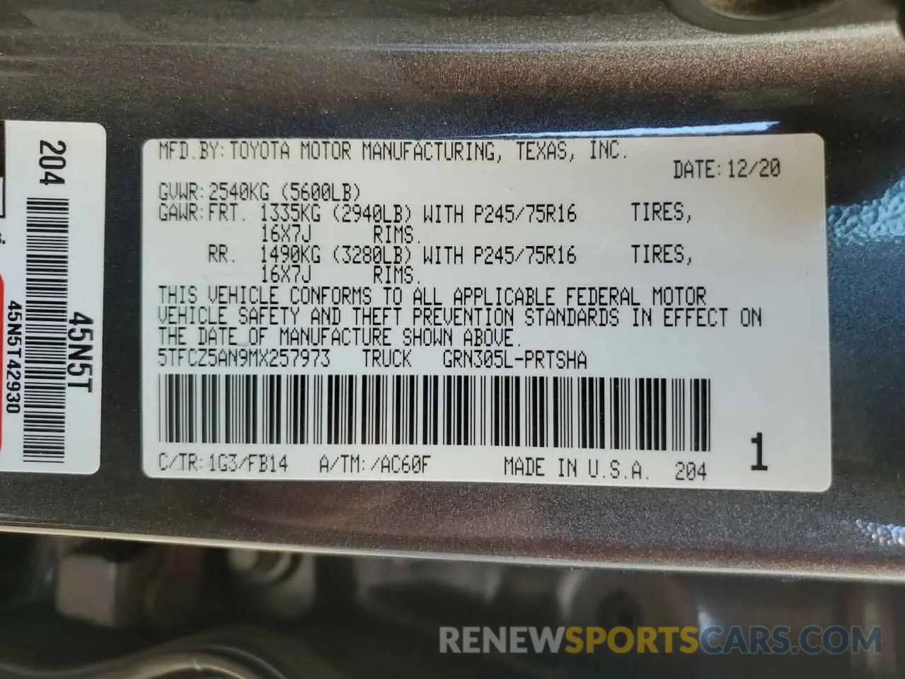 13 fotografías del automóvil dañado 5TFCZ5AN9MX257973 TOYOTA TACOMA 2021