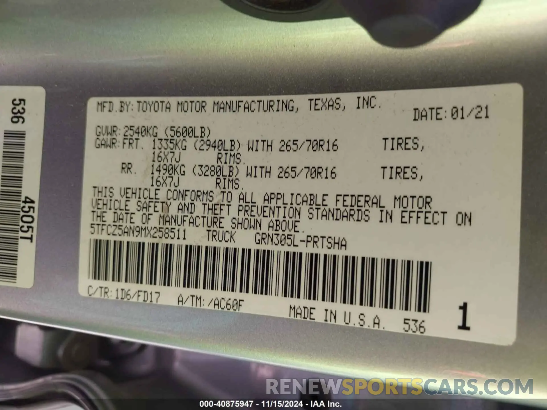 9 fotografías del automóvil dañado 5TFCZ5AN9MX258511 TOYOTA TACOMA 2021