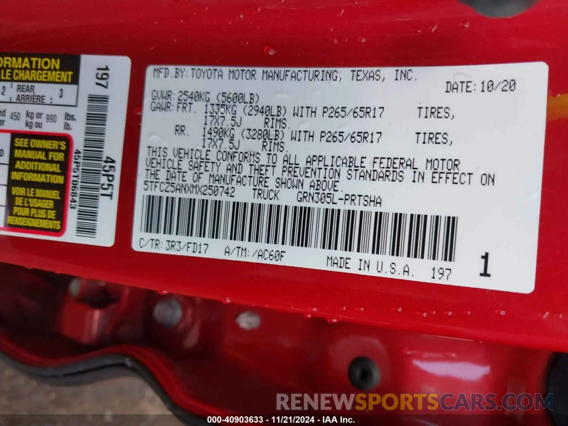 9 fotografías del automóvil dañado 5TFCZ5ANXMX250742 TOYOTA TACOMA 2021