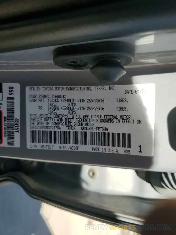 12 fotografías del automóvil dañado 5TFCZ5ANXMX271784 TOYOTA TACOMA 2021