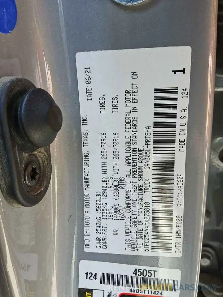 13 fotografías del automóvil dañado 5TFCZ5ANXMX275818 TOYOTA TACOMA 2021