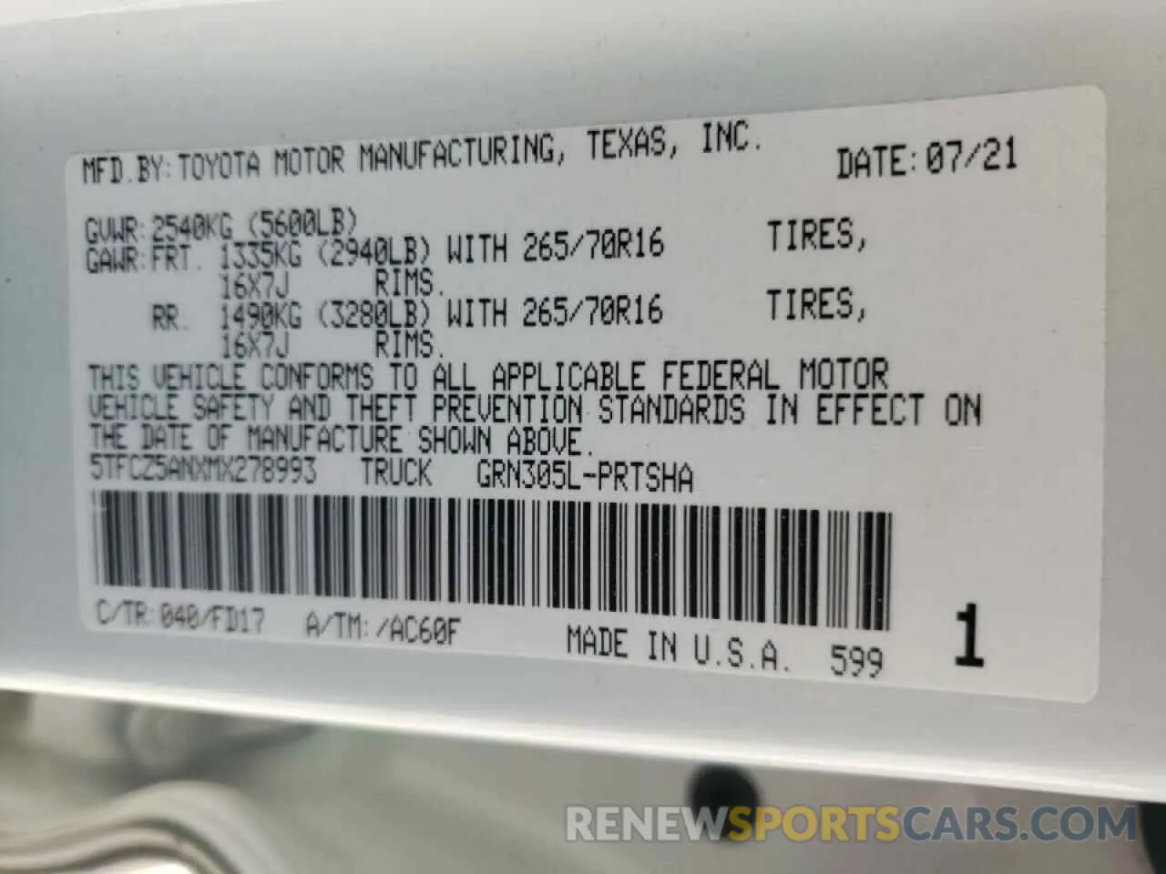 10 fotografías del automóvil dañado 5TFCZ5ANXMX278993 TOYOTA TACOMA 2021