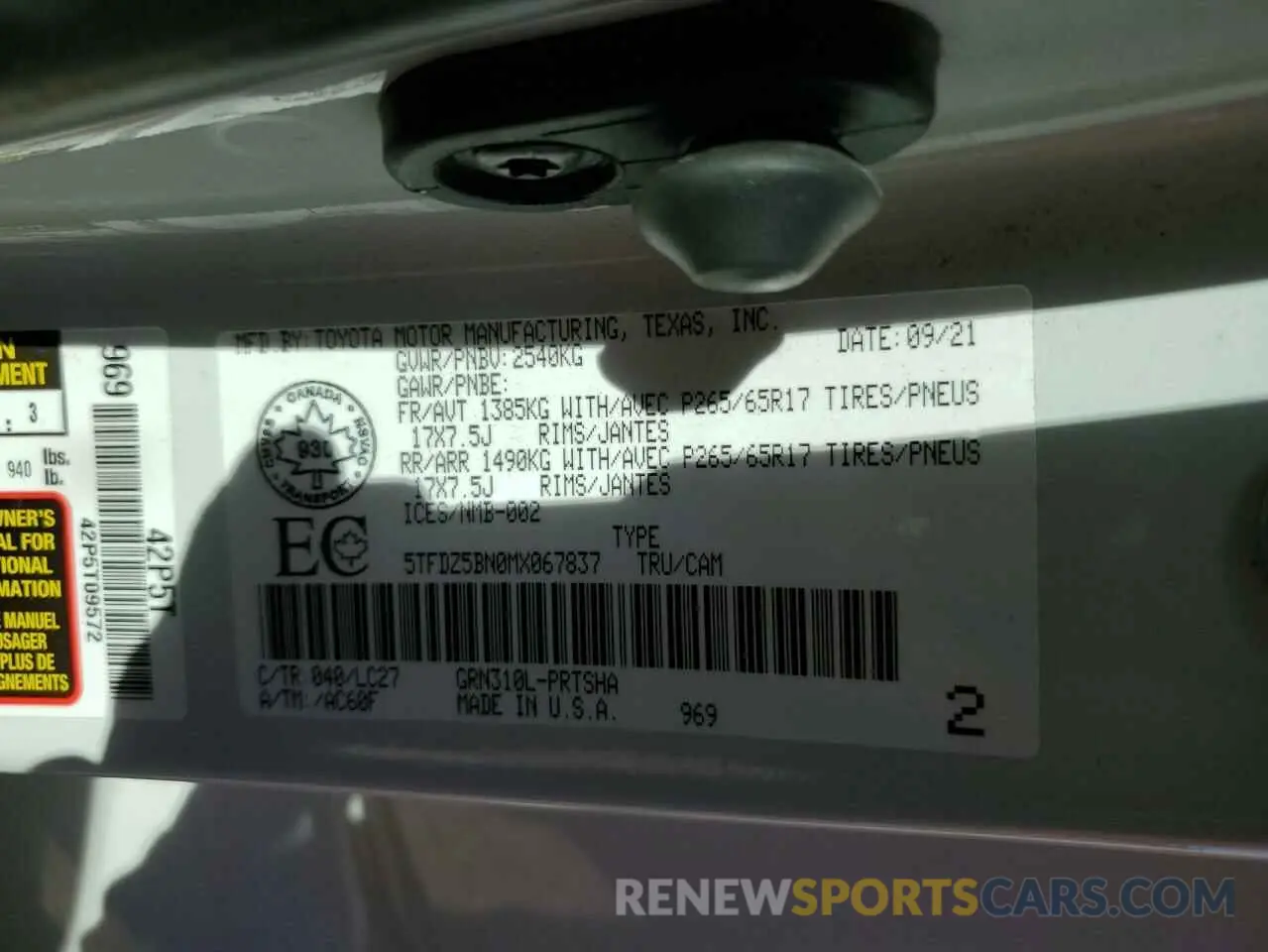 13 fotografías del automóvil dañado 5TFDZ5BN0MX067837 TOYOTA TACOMA 2021
