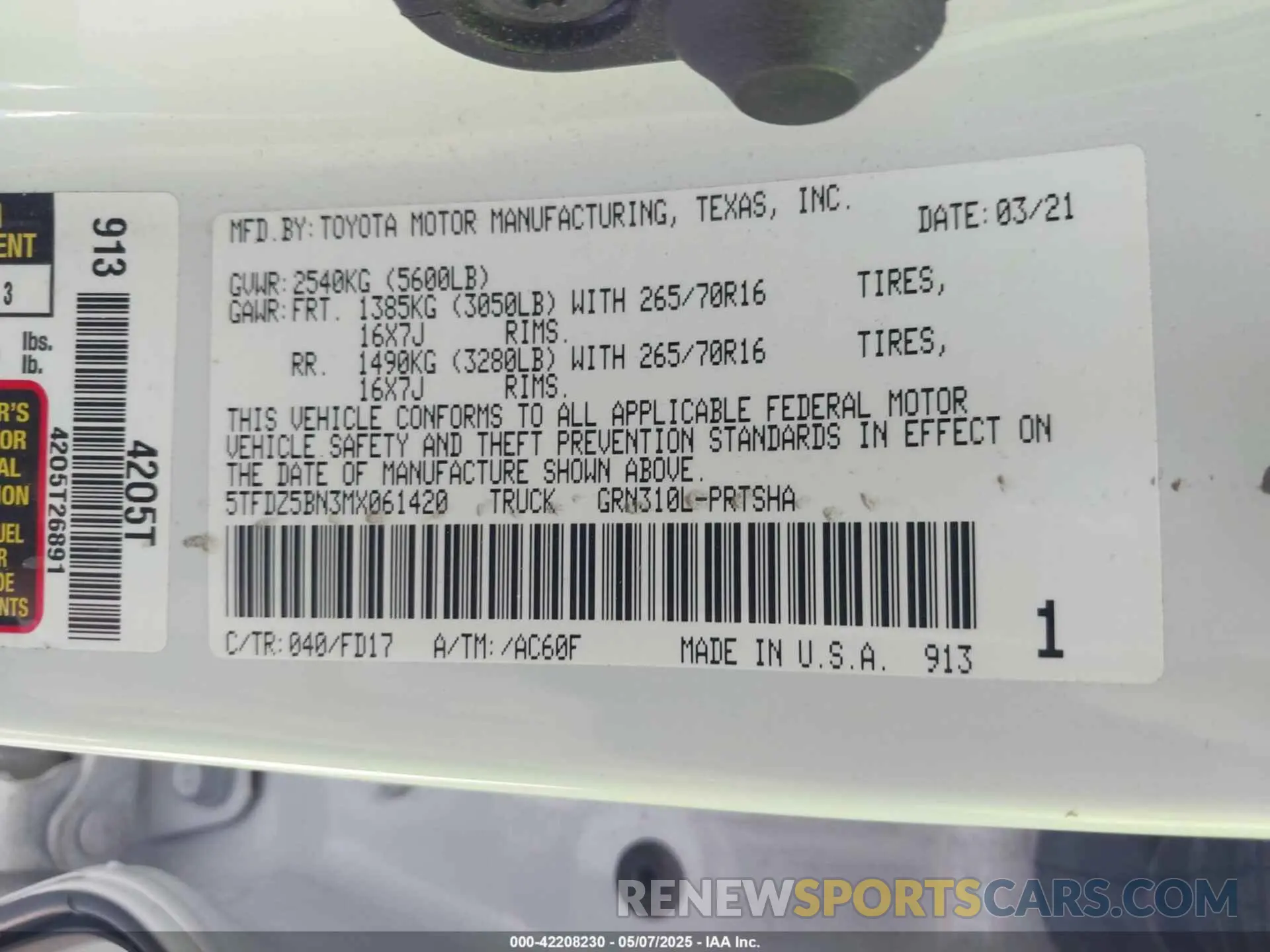 9 fotografías del automóvil dañado 5TFDZ5BN3MX061420 TOYOTA TACOMA 2021