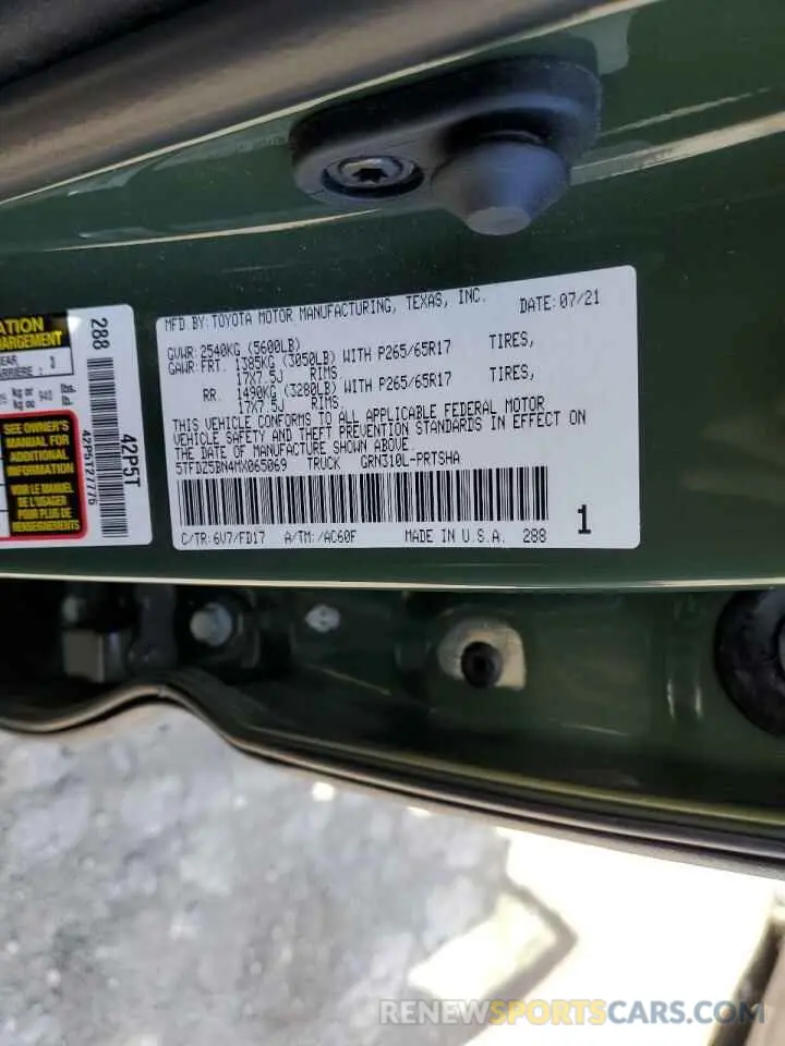 10 fotografías del automóvil dañado 5TFDZ5BN4MX065069 TOYOTA TACOMA 2021