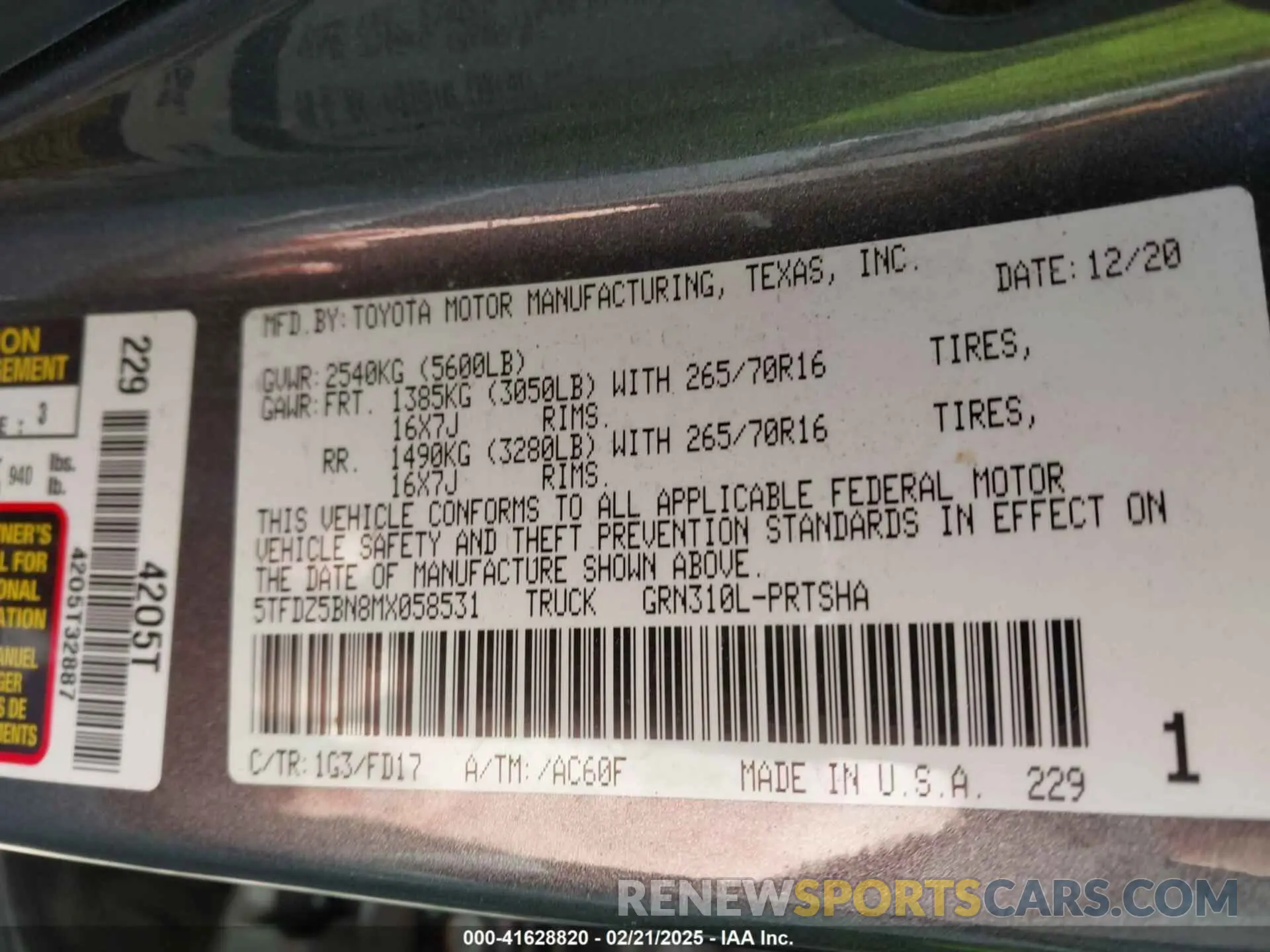 9 fotografías del automóvil dañado 5TFDZ5BN8MX058531 TOYOTA TACOMA 2021