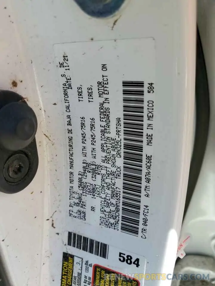 12 fotografías del automóvil dañado 3TMAZ5CN0NM165517 TOYOTA TACOMA 2022