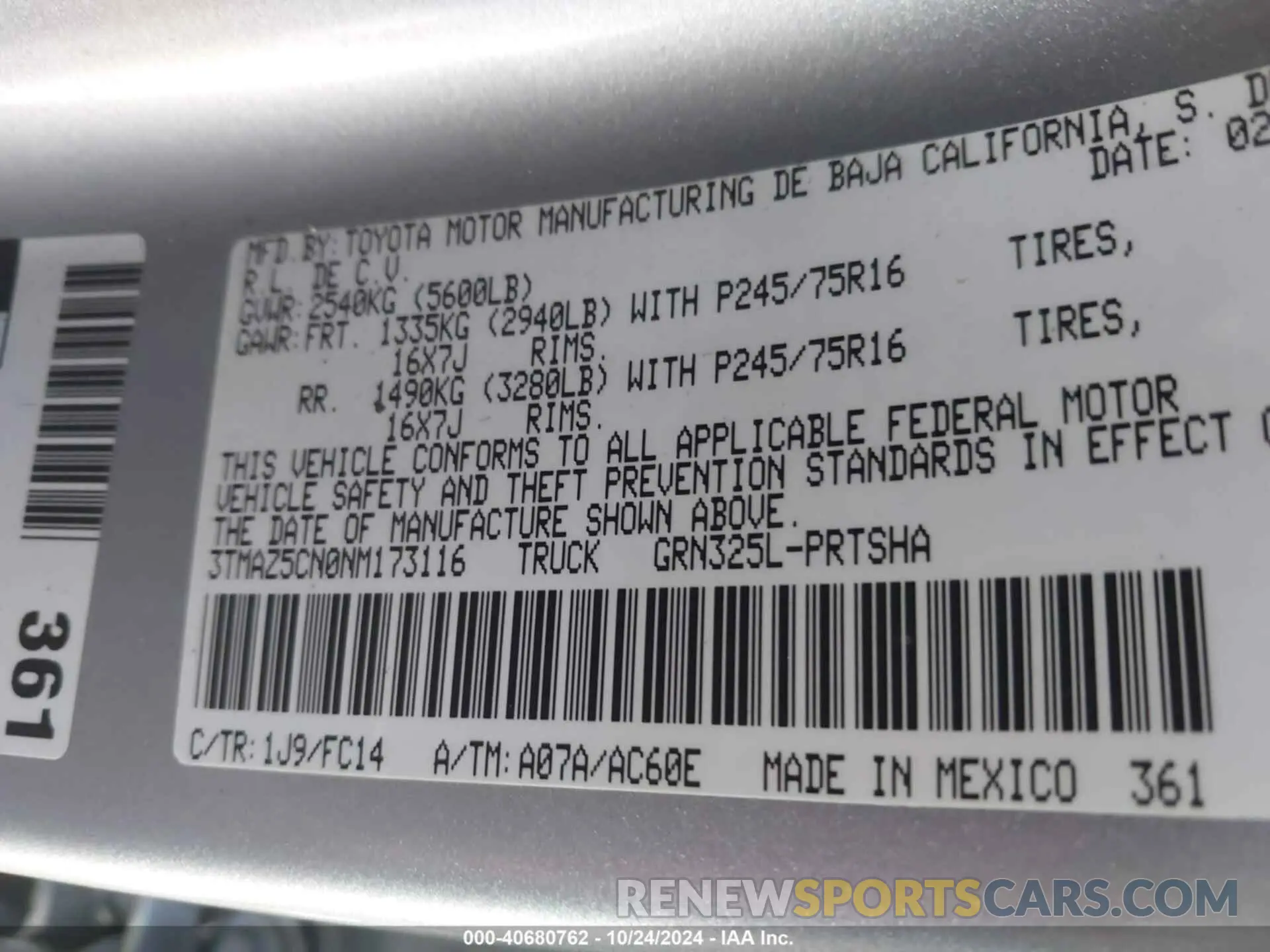 9 fotografías del automóvil dañado 3TMAZ5CN0NM173116 TOYOTA TACOMA 2022