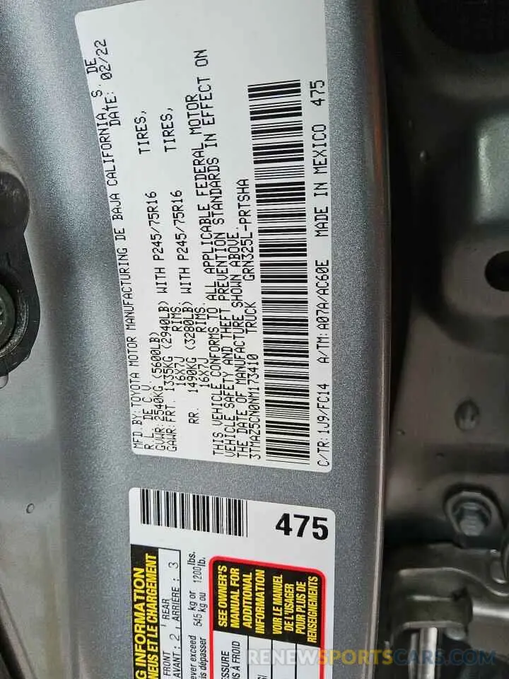 13 fotografías del automóvil dañado 3TMAZ5CN0NM173410 TOYOTA TACOMA 2022