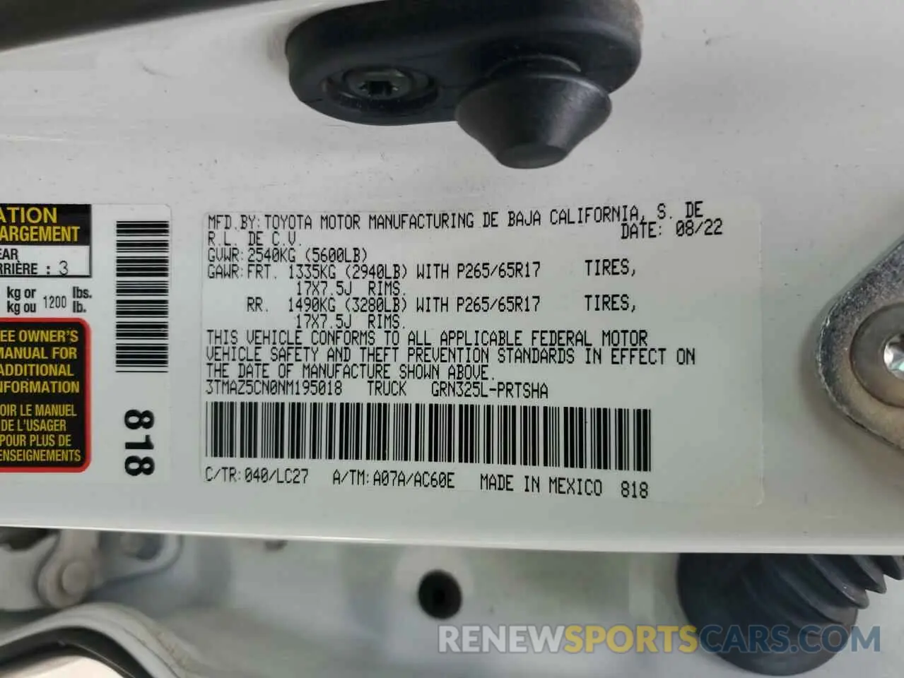 13 fotografías del automóvil dañado 3TMAZ5CN0NM195018 TOYOTA TACOMA 2022