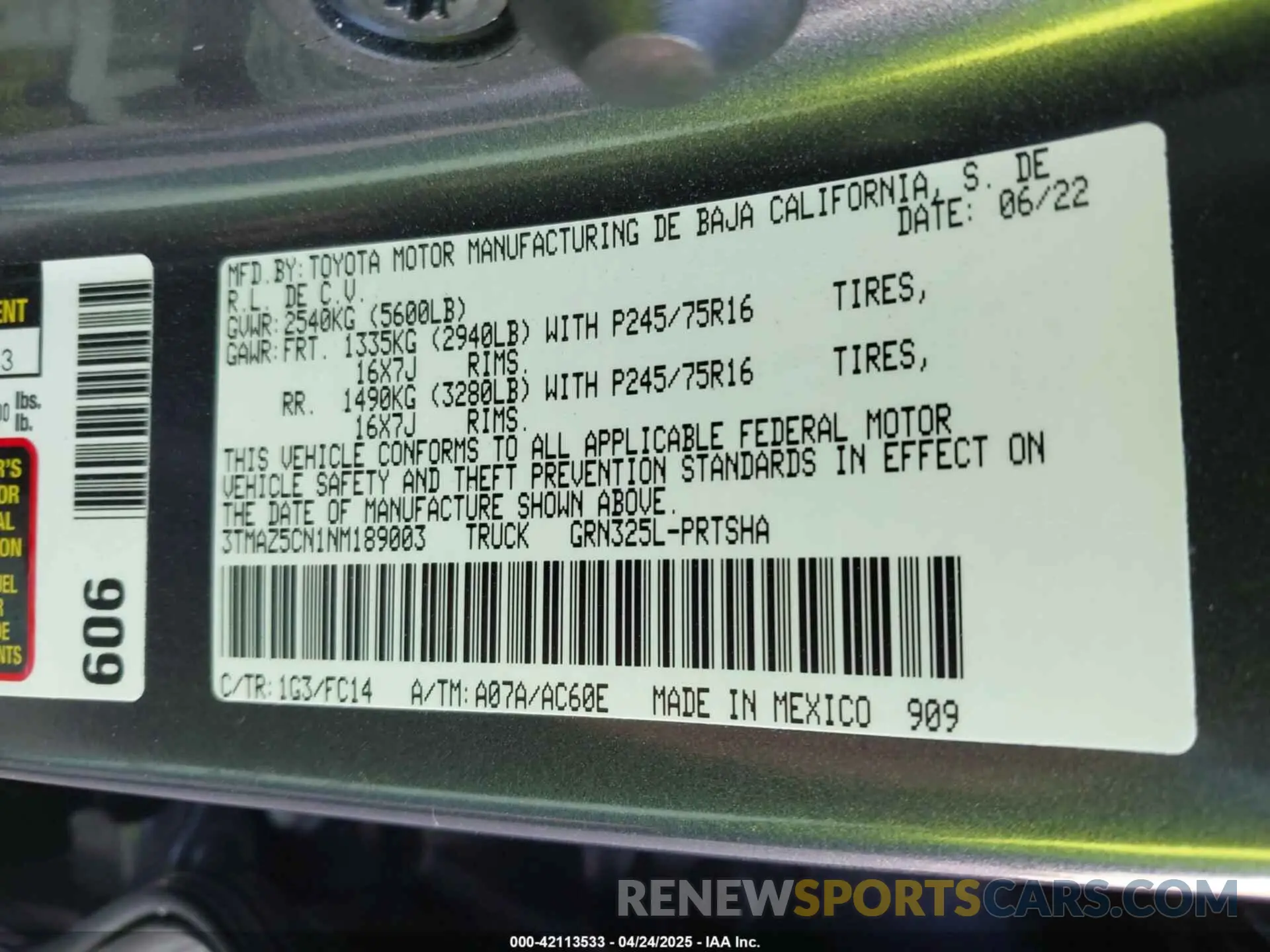 9 fotografías del automóvil dañado 3TMAZ5CN1NM189003 TOYOTA TACOMA 2022