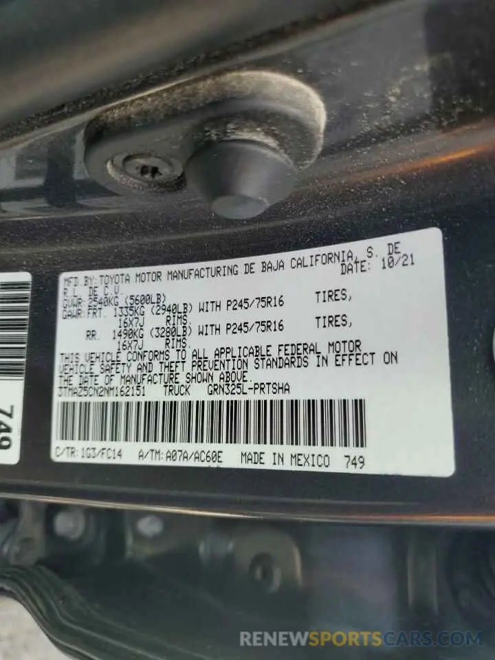 12 fotografías del automóvil dañado 3TMAZ5CN2NM162151 TOYOTA TACOMA 2022