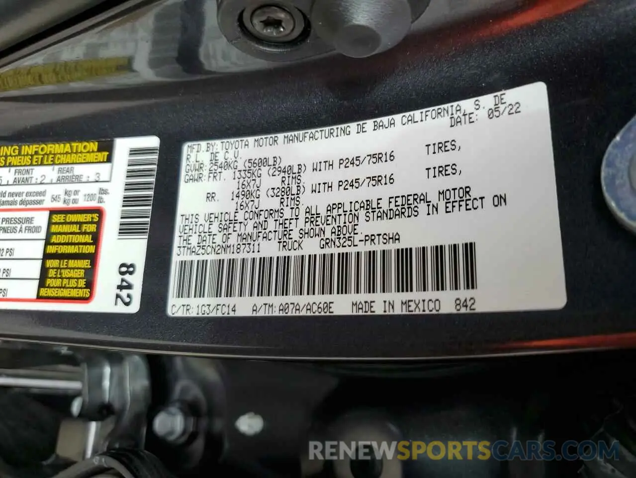 10 fotografías del automóvil dañado 3TMAZ5CN2NM187311 TOYOTA TACOMA 2022