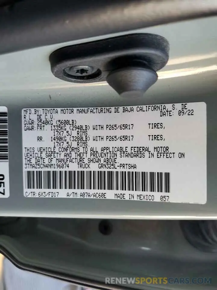 12 fotografías del automóvil dañado 3TMAZ5CN4NM196074 TOYOTA TACOMA 2022
