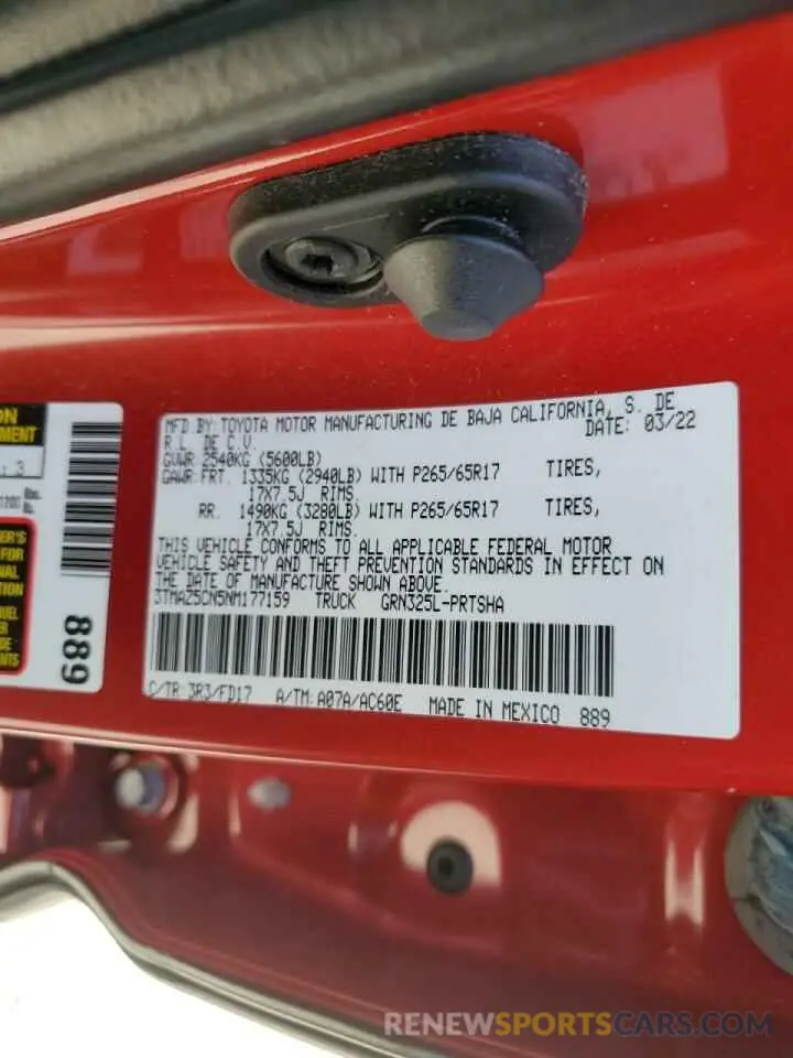12 fotografías del automóvil dañado 3TMAZ5CN5NM177159 TOYOTA TACOMA 2022