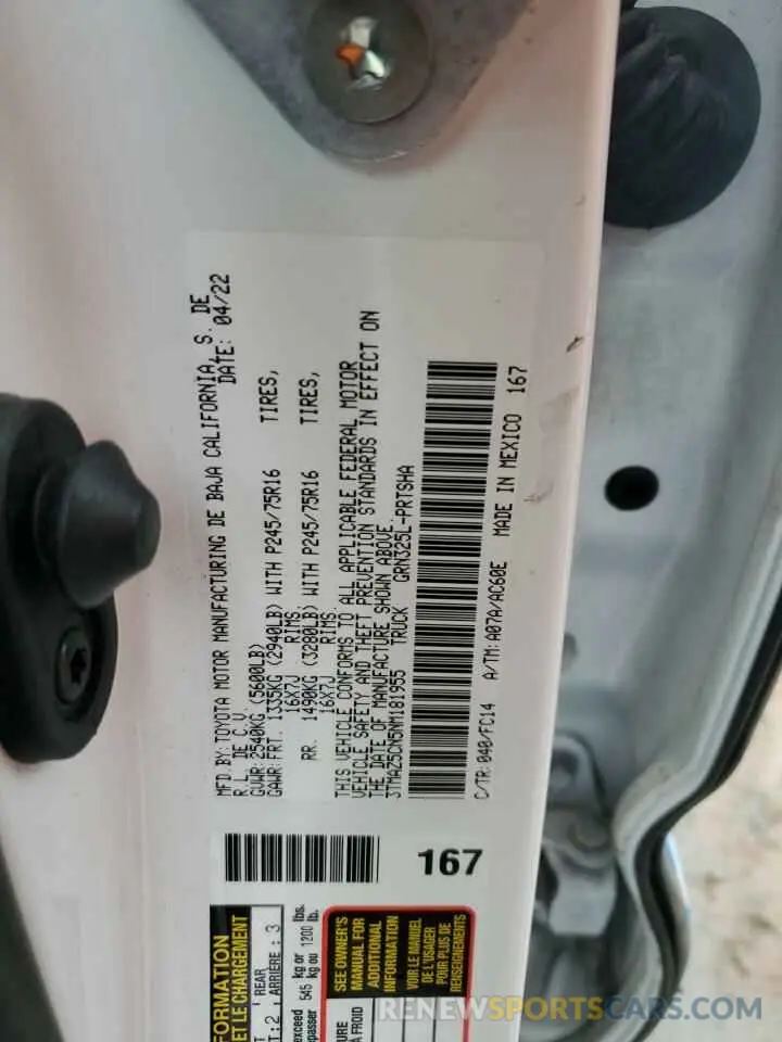 12 fotografías del automóvil dañado 3TMAZ5CN5NM181955 TOYOTA TACOMA 2022