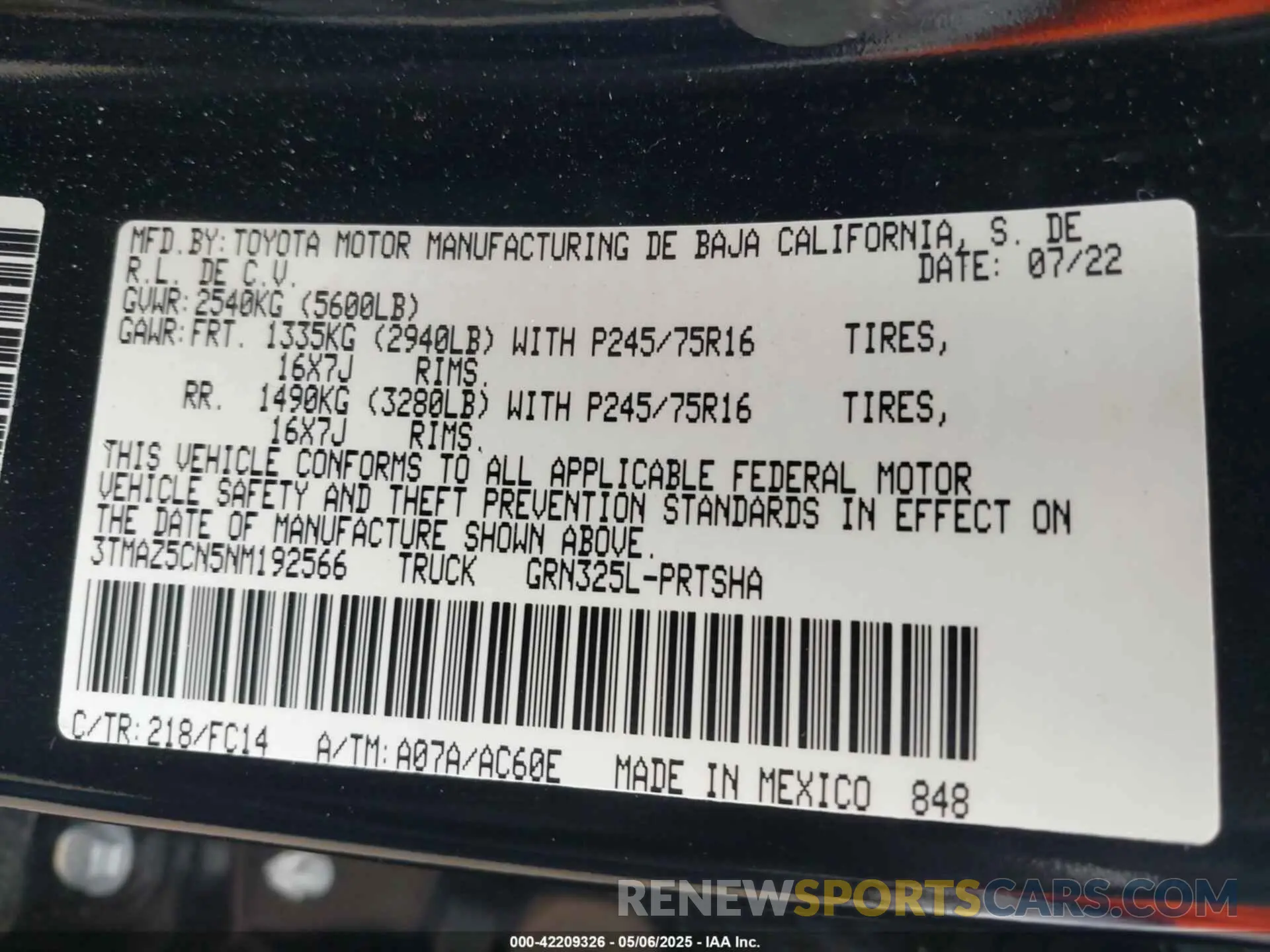 9 fotografías del automóvil dañado 3TMAZ5CN5NM192566 TOYOTA TACOMA 2022