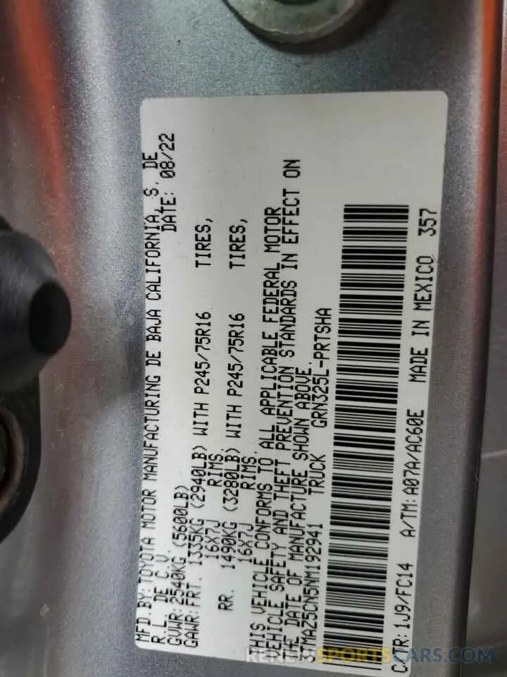 12 fotografías del automóvil dañado 3TMAZ5CN5NM192941 TOYOTA TACOMA 2022