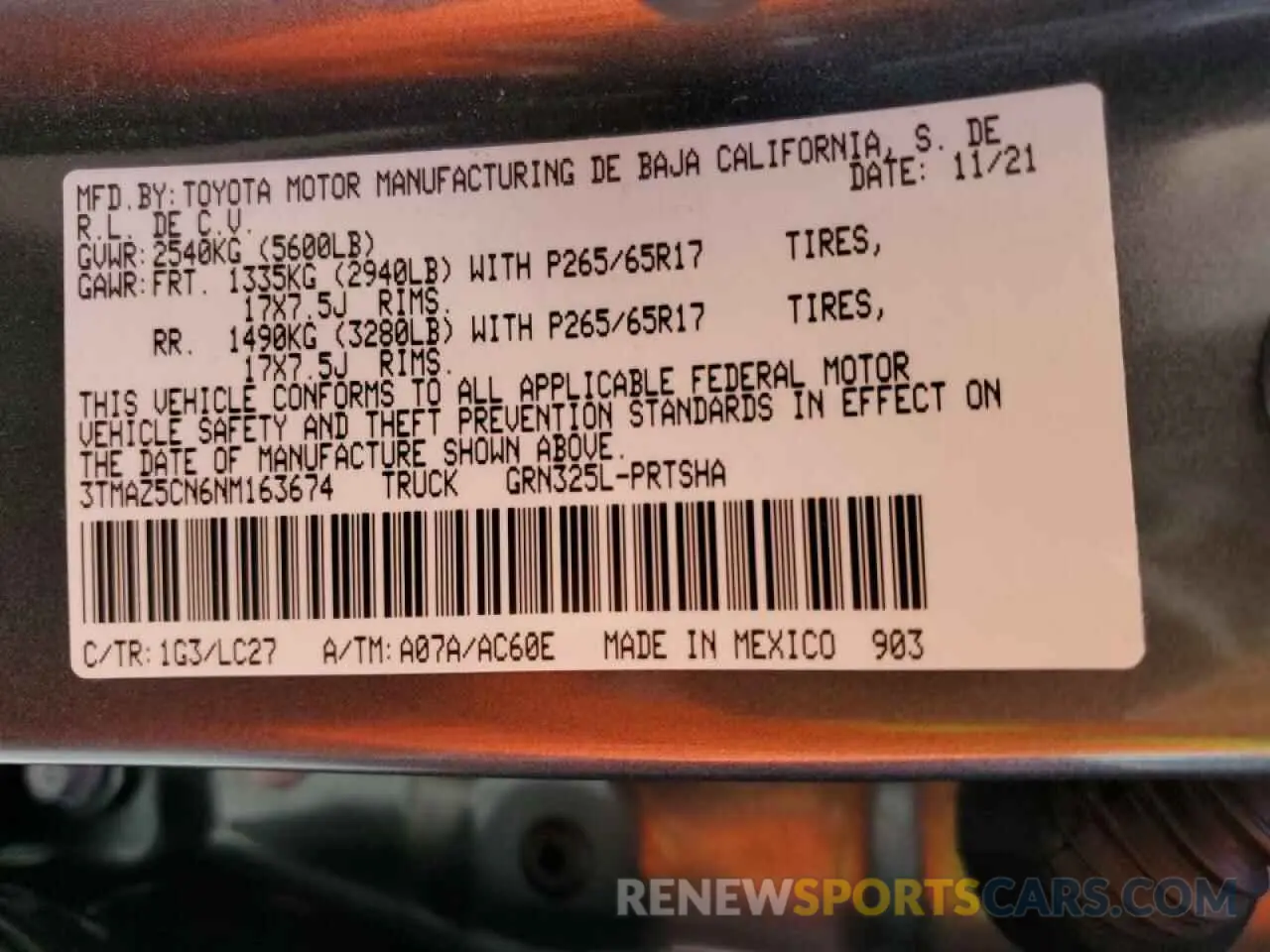 10 fotografías del automóvil dañado 3TMAZ5CN6NM163674 TOYOTA TACOMA 2022